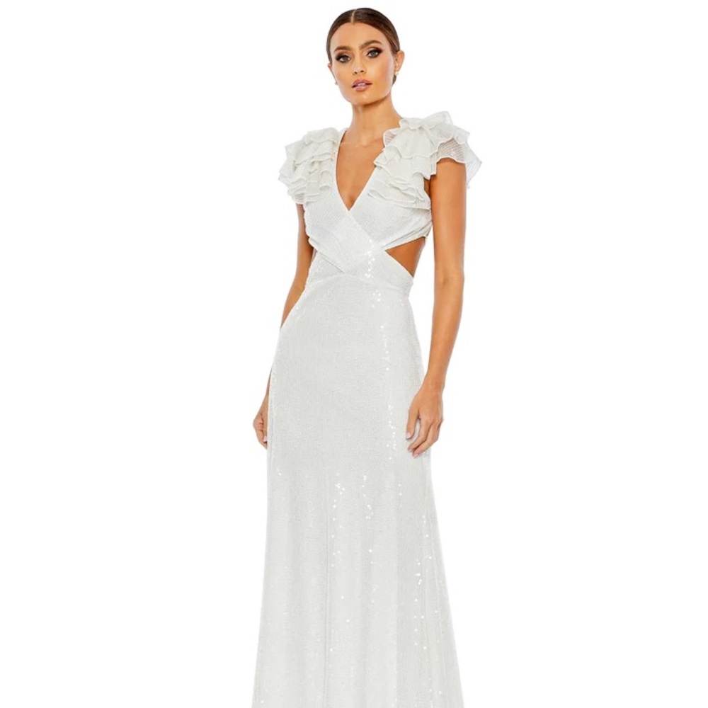NWT Mac Duggal Sequined Ruffled Cut Out Lace Up Gown